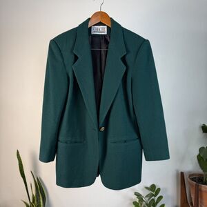 Vintage Structured Green Wool Blazer, Gold Crest Button 80s 90s